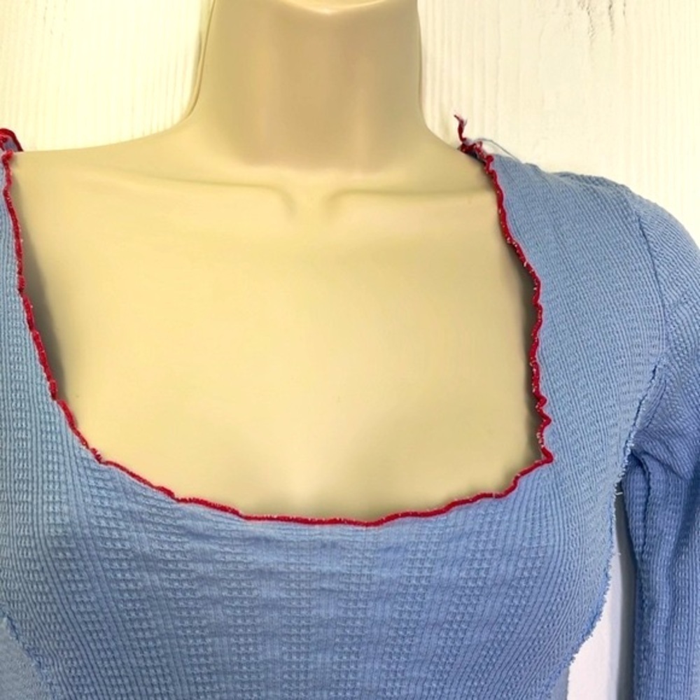 Free People - Nikita Baby Blue Red Trim Ribbed Long Sleeve Bodysuit Size Large - Picture 6 of 12